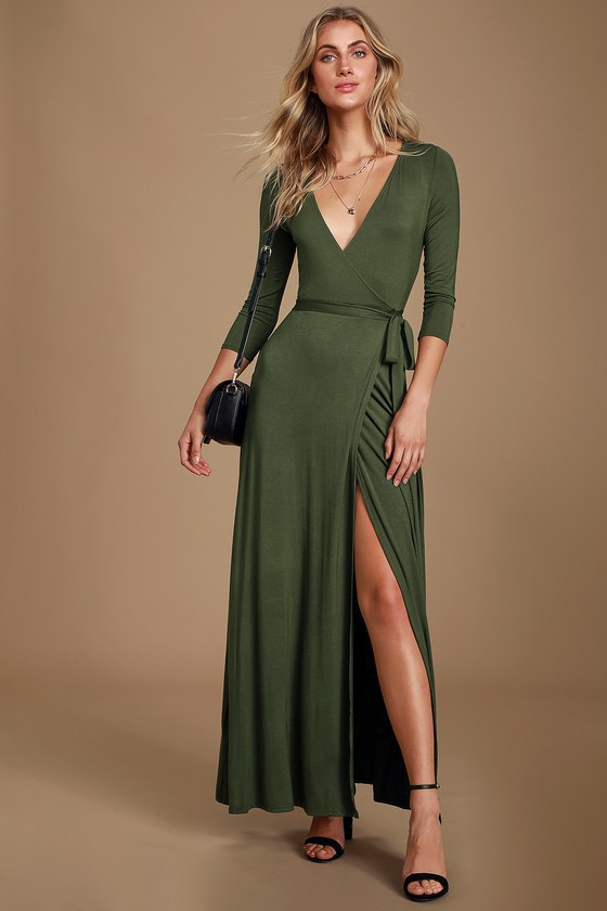 Lovely Olive Green Maxi Dress - Wrap Dress - Wrap Maxi Dress - Lulus